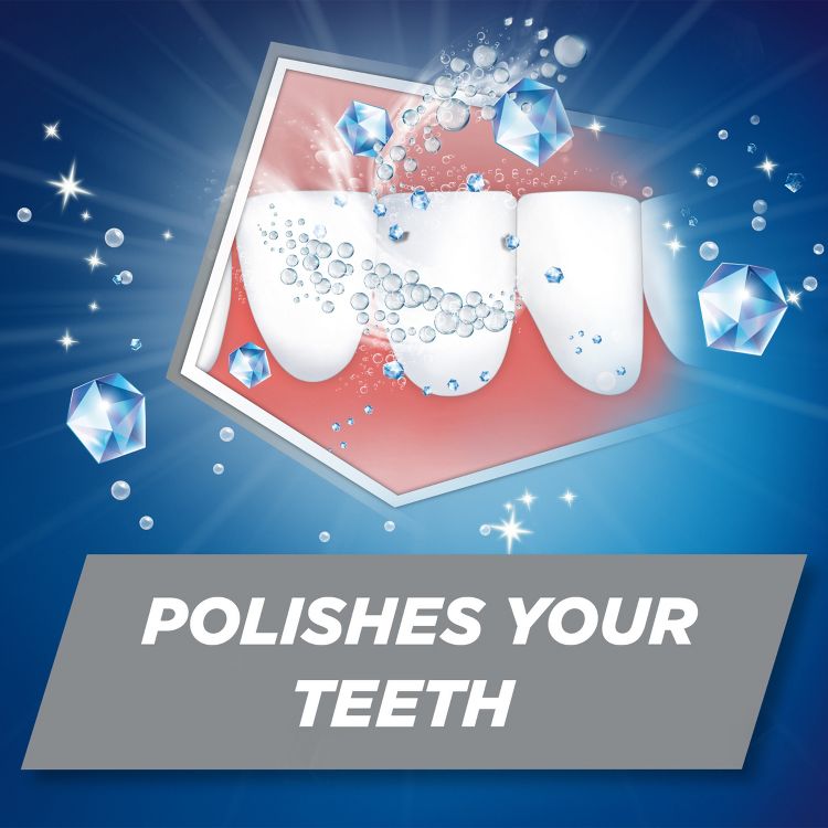 Illustration of white teeth with bubbles and diamond-like effects, accompanied by the text "POLISHES YOUR TEETH" on a gray banner.