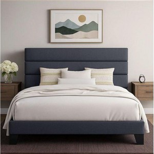 Bed Frame with Upholstered Headboard, Wooden Slats Support, Dark Grey Mattress Foundation - 1 of 4