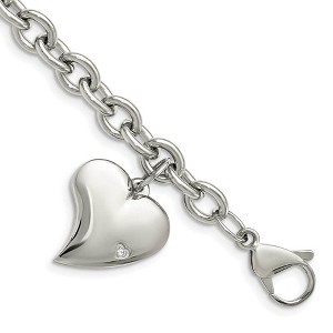 Black Bow Jewelry Women's 6mm Stainless Steel Heart and CZ Charm Bracelet, 7.5 Inch - 1 of 4
