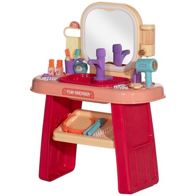 Infurnic Doll Playsets Toddler Makeup Table with Faucet, Mirror, LED Light, Music, 23 Accessories, Pretend Play Set, Pink, 28.00"*3.90"*22.40"