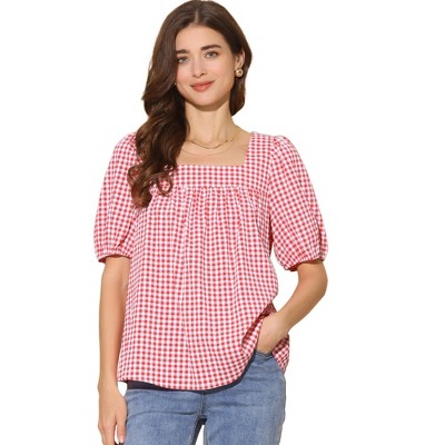 INSPIRE CHIC Women's Square Neck Puff Short Sleeve Casual Plaid Shirt