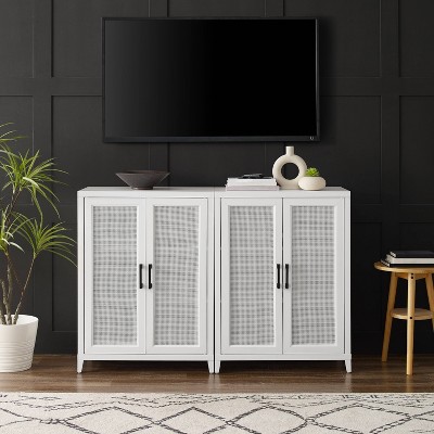 White Freestanding Media Storage Cabinet Set with Poly Rattan Mesh Doors