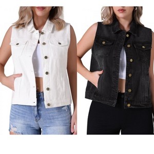 INSPIRE CHIC Women's Sleeveless Turndown Collar Button Down Chest Flap Pockets Washed Denim Vest 2 Packs - 1 of 4