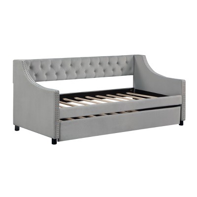 Daybed with Trundle Polyester Tufted Sofa Bed, with Button and Copper Nail on Arms,full Size Gray.