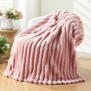 Attop Super Soft Twin Blanket Pink Premium Silky Flannel Fleece 3D Ribbed Jacquard Lightweight Bed Blanket All Season Use - 1 of 4