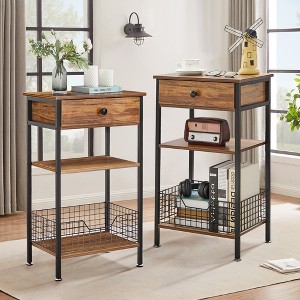 VECELO Tall Side End Table, Nightstand Shelf Storage Organizer with Pull-Out Metal Basket for Living Room or Bedroom, Gray/Brown - 1 of 4