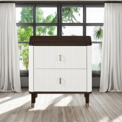 Vynxaria 2-Drawer Nightstand with USB Port - Beveled Mirror, Slatted Fronts, Tapered Legs with Metal Caps