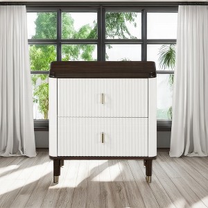 Vynxaria 2-Drawer Nightstand with USB Port - Beveled Mirror, Slatted Fronts, Tapered Legs with Metal Caps - 1 of 4