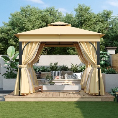 VYNXARIA 10*10 Outdoor Gazebo Tent with Double Roofs, Patio Gazebo with Mosquito Netting and Privacy Screens(Beige)
