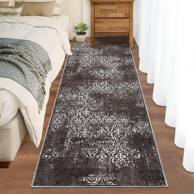 Boho Chenille Washable Area Rug with Distressed Damask Print, Non-Slip TPR Backing, Stain Resistant Carpet for Living Room, Bedroom, Entryway