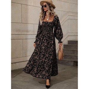 Womens Square Neck Puff Sleeve Dress Smocked Floral Elegant Flowy Midi Dress - 1 of 4