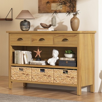 TiramisuBest Retro Console Table with 3 Storage Drawers, Entryway Table with 3 Water Hyacinth Woven Baskets,Wooden Accent Sofa Table Buffet Cabinet