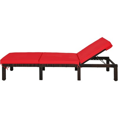 Brown PE Rattan Outdoor Chaise Lounge with Red Cushions