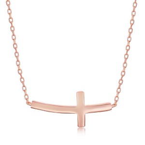 Bella Silver Sterling Silver Curved Sideways Cross necklace - Rose Gold Plated - Rose - 16+2 Inch - 1 of 2