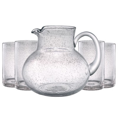 Artland Iris 90oz Hand Blown Pitcher & Set of 4 17oz Highball Glasses, Unique Bubble Design, Lead-Free Glass for Serving Beverages