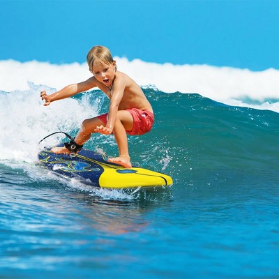 Yellow and Blue Foam Surfboard with Fins and Leash