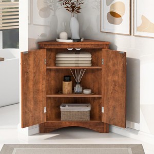 SEVOBAL Bathroom Storage Cabinet Oak Triangle Freestanding Cabinet with Adjustable Shelves for Organized Living, Brown, 17.2"*17.2"*31.5" - 1 of 4