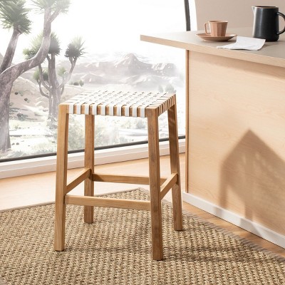 Natural Teak and White Leather Backless Counter Stool