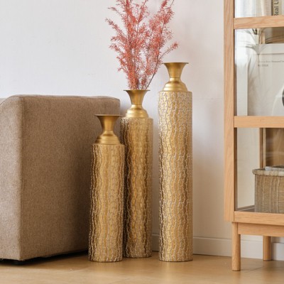 Aukfa Set of 3 Decorative Metal Vases with Distressed Gold Finish & Growing Vine Patterns - 34", 29", 25" High for Home Decor