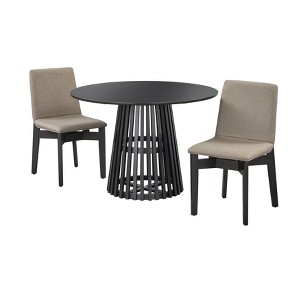 3pc Pavia Dining Set Black - Lifestorey: Round Table, 45-inch Top, 2 Light Gray Linen Chairs - 1 of 4