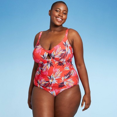Women's Plus Size Ruched Adjustable Strap One Piece Swimsuit - Sea Angel Multi 1X