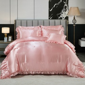 Satin Ruffle Comforter Set with Sheets – 8-Piece Bed in a Bag, Ruched Pleated Luxury Bedding with Pillowcases & Cushion Cover - 1 of 4