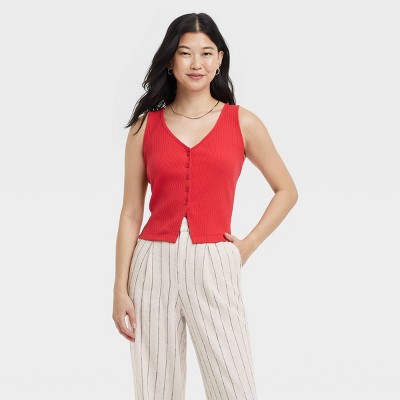 Women's Ribbed Button-Down Vest - A New Day™ Red M: Cotton Blend, Recycled Polyester, Spandex, V Neck, Midweight, Machine Washable