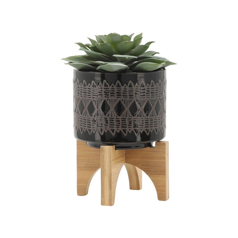 Sagebrook Home 8&#34; Wide 2pc Ceramic Aztec Planters on Wooden Stand Black, 5 of 11