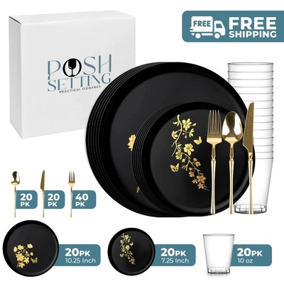 Posh Setting 140 Piece Black And Gold Plastic Party Bundle - Garden Edge (20 Settings)