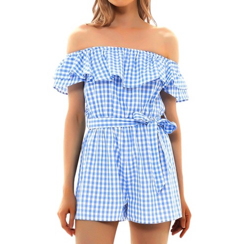 Anna kaci Women s Off Shoulder Short Rompers Ruffle Hem Drawstring Waist Plaid Short Jumpsuit X Small light Blue Target