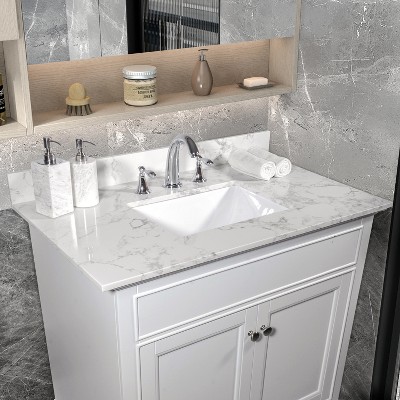 LOVMOR 31inch bathroom vanity top stone carrara white new style tops with rectangle undermount ceramic sink and back splash with 3 faucet hole