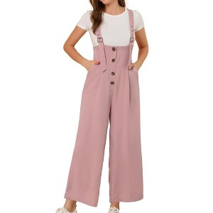 Allegra K Women's High Waist Wide Leg Belted Button Long Overalls Jumpsuit - 1 of 4