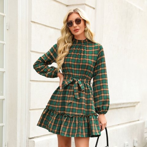 Женские платья Cupshe Women's Festive Green Plaid Tiered Ruffle Waist Tie Belt Mini Dress-XL-Green