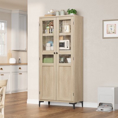 Tall Kitchen Pantry Cabinet, Food Storage Cabinet with 2 Glass Doors, 5 Tier Adjustable Shelves for Kitchen, Dining Room, Bathroom