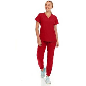 Hey Collection Womens Stretch V-Neck Jogger Scrubs Set, Medical Nursing Tops with Four Pocket Pants - 1 of 4