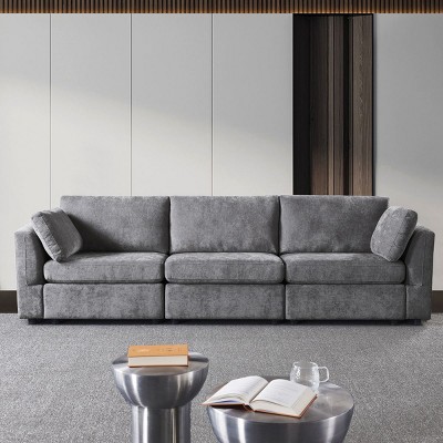 113"Modern Sectional Couches For Sale,Gray 3 Seater Recliner Sofa,Modular Sofa With Recliner,Chenille Knock Down Sofa Couch,Lounge Sofa-Cuddlewood