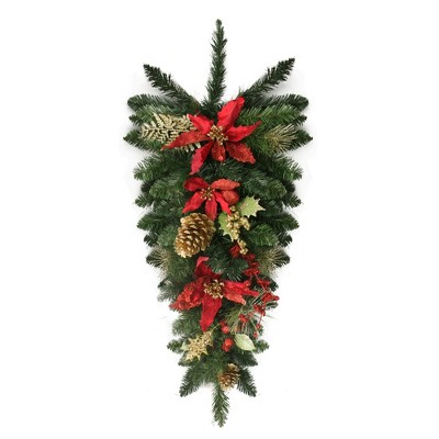 Northlight 30" Unlit Red Poinsettia and Gold Pine Cone Artificial Christmas Teardrop Swag