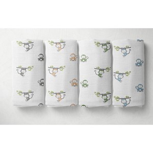 Bacati - Happy Monkeys Blue/Green/Gray Boys Muslin Swaddling Blankets set of 4 - 1 of 4