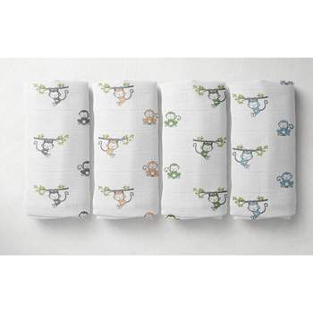 Bacati - Happy Monkeys Blue/Green/Gray Boys Muslin Swaddling Blankets set of 4