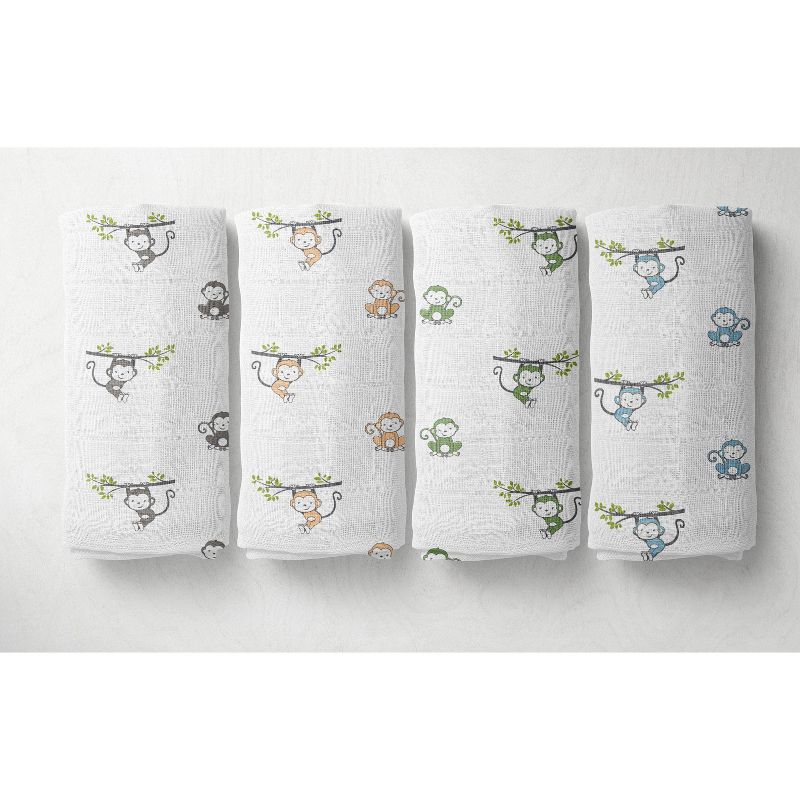 Bacati - Happy Monkeys Blue/Green/Gray Boys Muslin Swaddling Blankets set of 4, 1 of 6