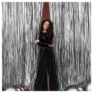 KatchOn, Large Silver Backdrop Curtain - 3.2x8 Feet,  Silver Fringe Backdrop for Silver Party Decorations - 1 of 4