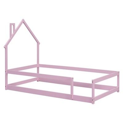 FONTOI Beds, Twin Size Bed with Headboard, Wood Bed with Guardrails for Girls and Boys, Pink, 44.8"*57.3"*78.2"