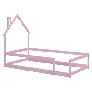 FONTOI Beds, Twin Size Bed with Headboard, Wood Bed with Guardrails for Girls and Boys, Pink, 44.8"*57.3"*78.2" - 1 of 4