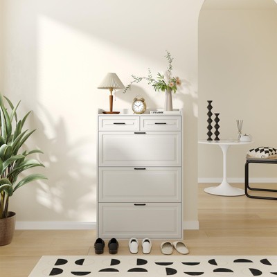 Hidden Wood Shoe Cabinet with 3 Flip Drawers and 2 Drawers,  Shoe Storage Cabinet Narrow Shoe Rack for Entryway