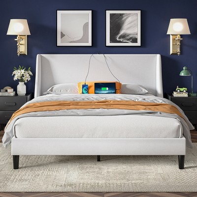 VECELO Upholstered Full/Queen Size Bed Frame with Headboard & Wingback, Platform Bed with USB & Type-C Ports