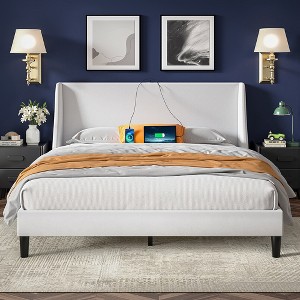 VECELO Upholstered Full/Queen Size Bed Frame with Headboard & Wingback, Platform Bed with USB & Type-C Ports - 1 of 4