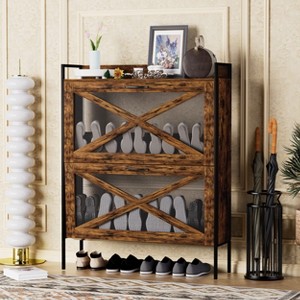 Shoe Cabinet with 2 Flip Drawers, Wooden Narrow Shoe Organizer with Metal Legs, Freestanding Hidden Shoe Rack Cabinet for Entryway Living Room Brown - 1 of 4