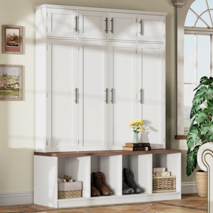 Farmhouse Hall Tree Bench with 4 Tall Hanging Cabinets, Hidden Hooks & Open Cubbies, 59"W × 15.7"D × 75"H Entryway Organizer-3irtyhousy - 1 of 4