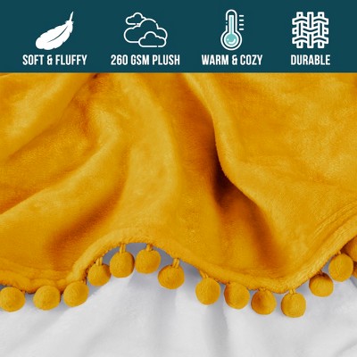 Cozy Mustard Yellow Twin Fleece Throw with Pom Pom Fringe