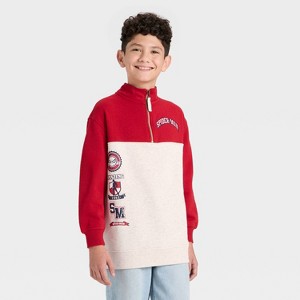 Boys' Marvel Quarter Zip Fleece Sweatshirt - Oatmeal/Red - 1 of 4